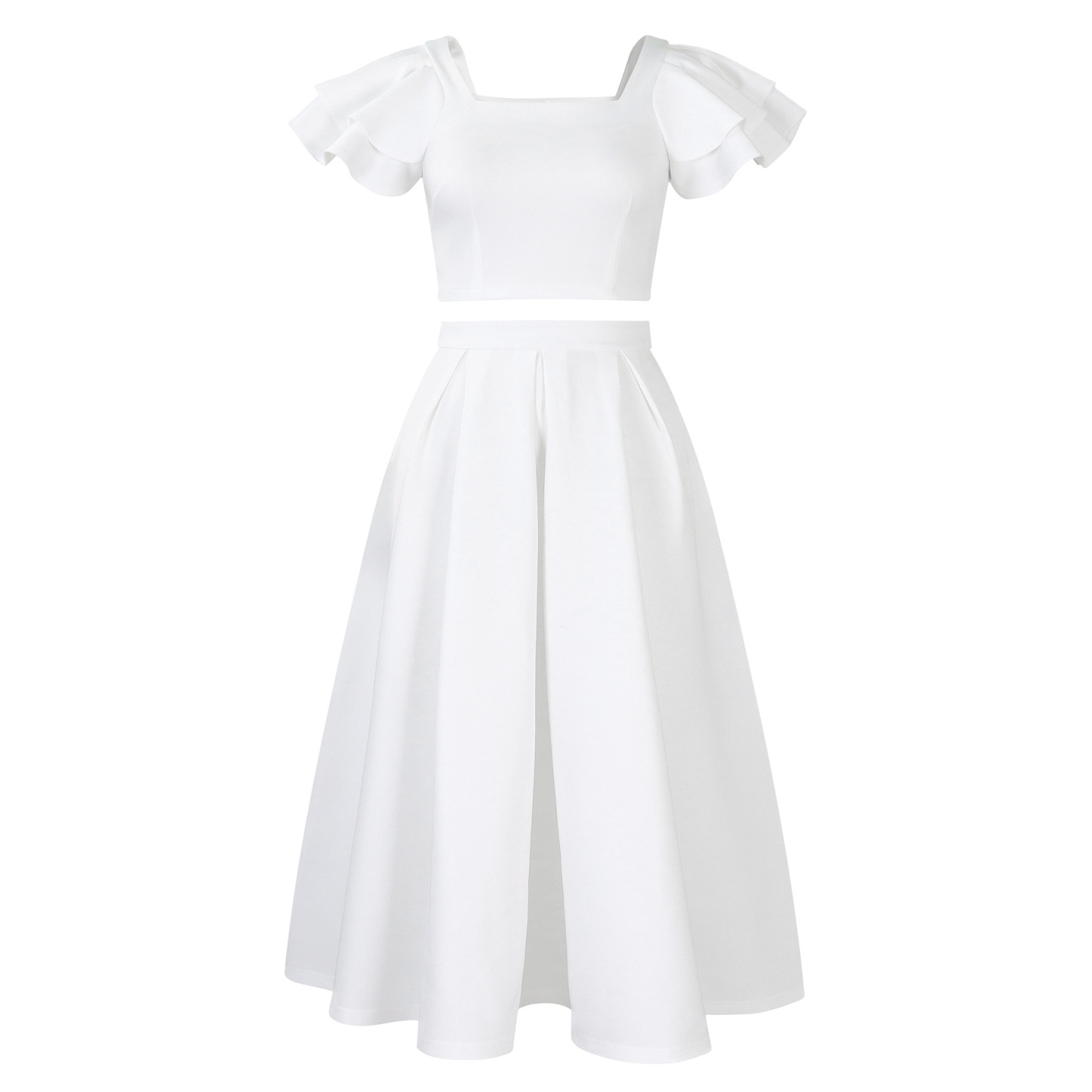 New solid color ruffled collar top with large skirt hem and skirt set