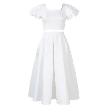 New solid color ruffled collar top with large skirt hem and skirt set