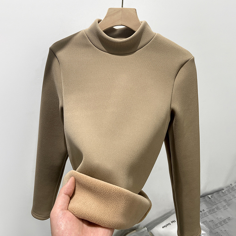 Layered with a half high neckline slim knit bottom sweater and plush warm top