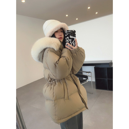 Drawstring hooded women's matte down jacket