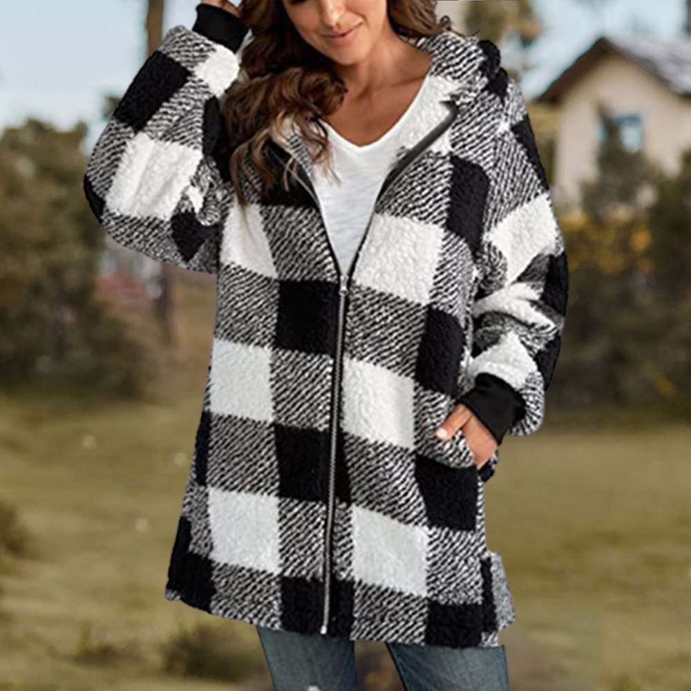 Women Oversized Hoodie Plaid Loose Overcoat