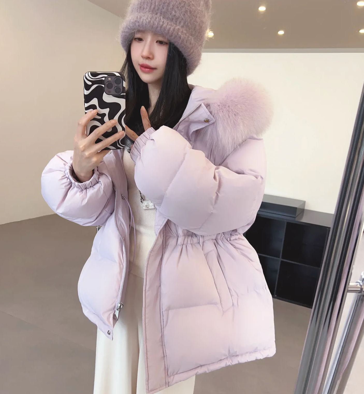 Drawstring hooded women's matte down jacket