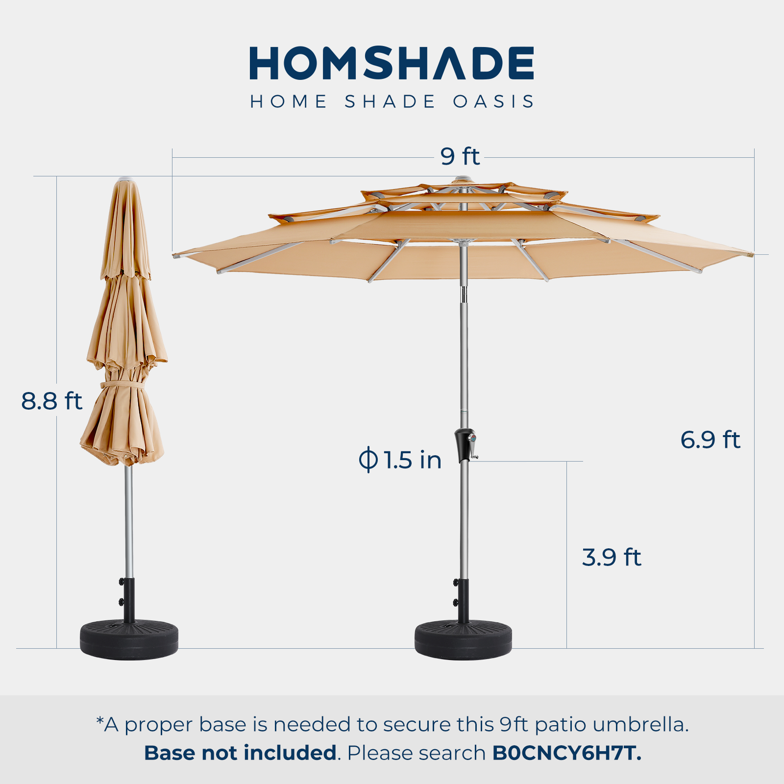 HOMSHADE 9ft Aluminum Patio Umbrella With Push Button Tilt 