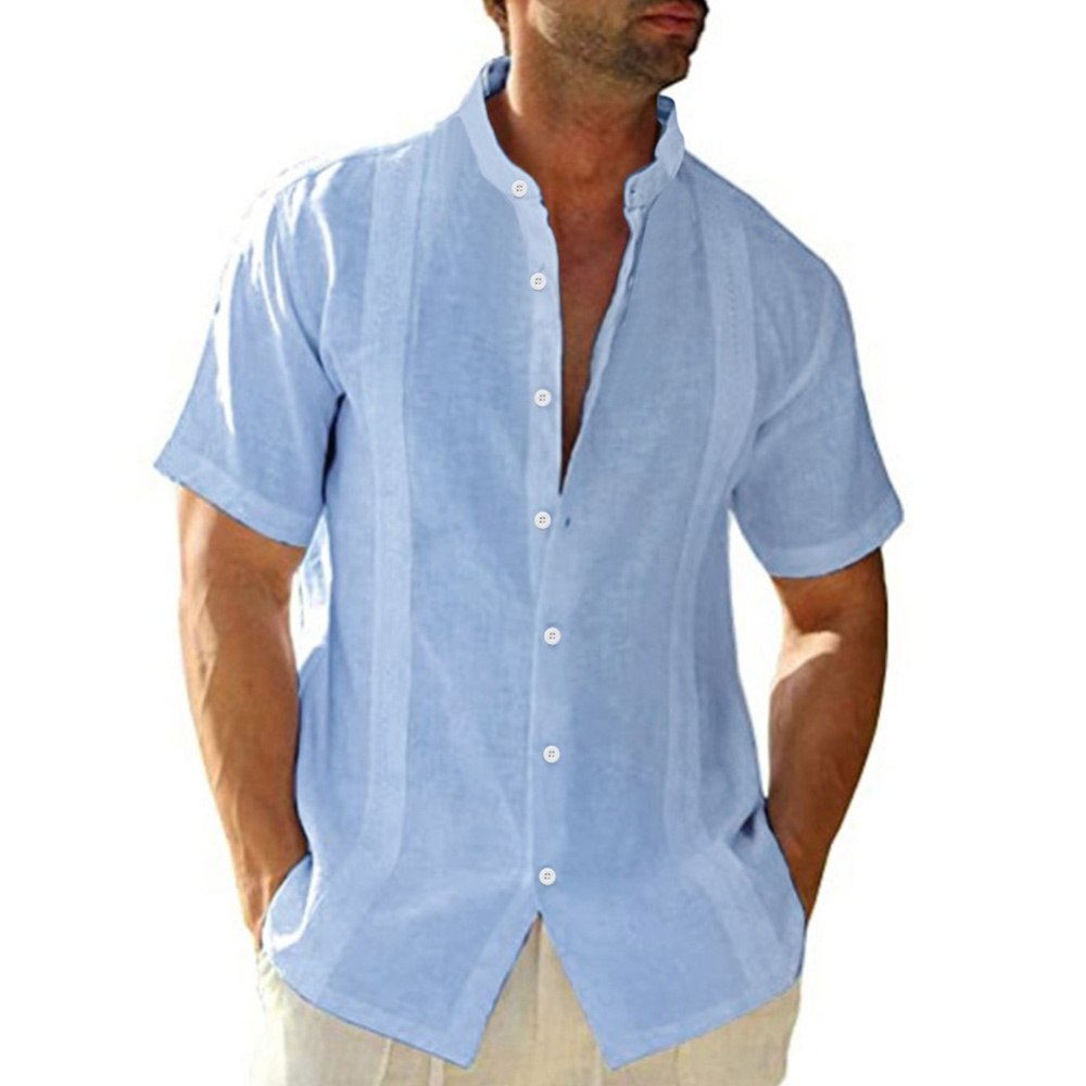 Olivoslindo Nueva camisa informal de manga corta con cuello alto para hombre de algodón y lino