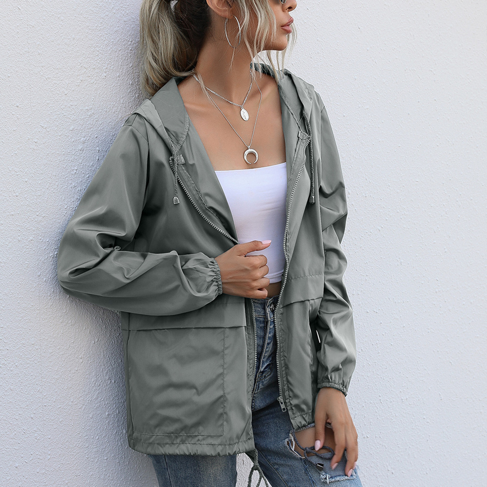 Olivoslindo Chaqueta con capucha impermeable con cremallera para exteriores de moda de otoño para mujer