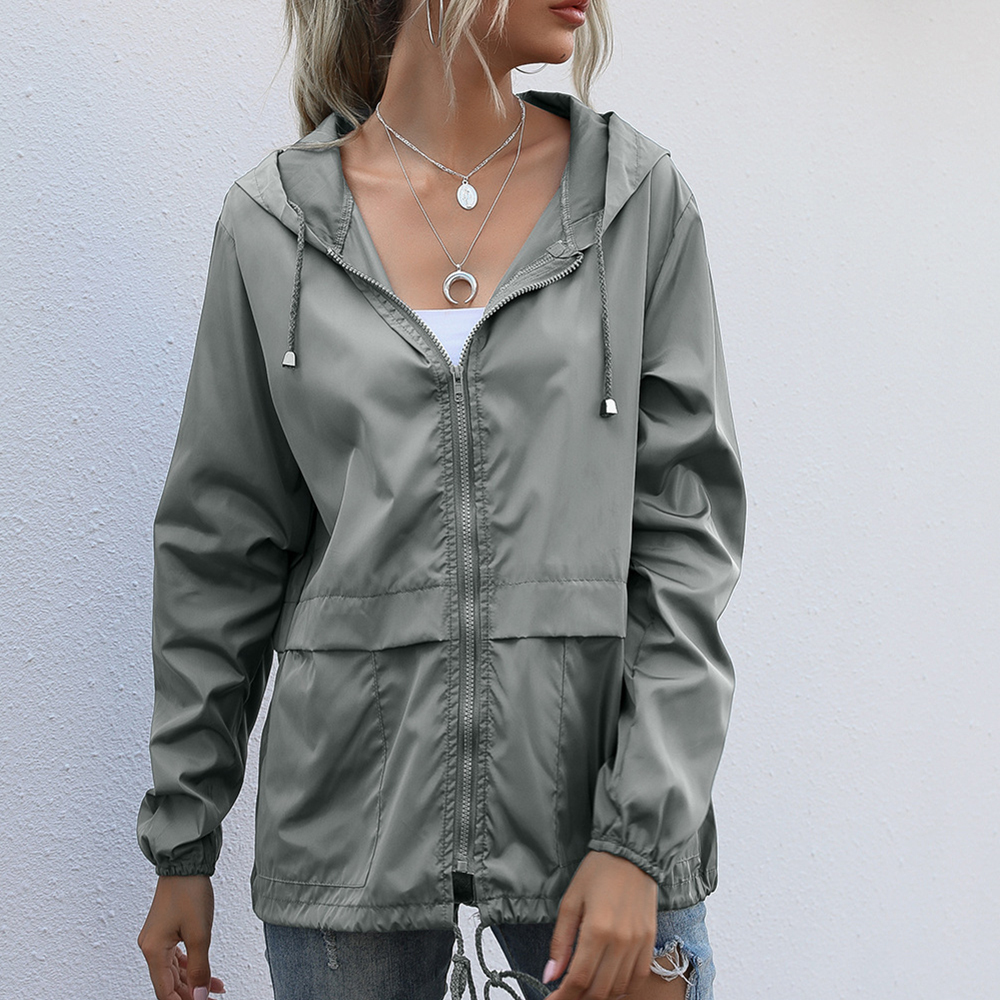 Olivoslindo Chaqueta con capucha impermeable con cremallera para exteriores de moda de otoño para mujer