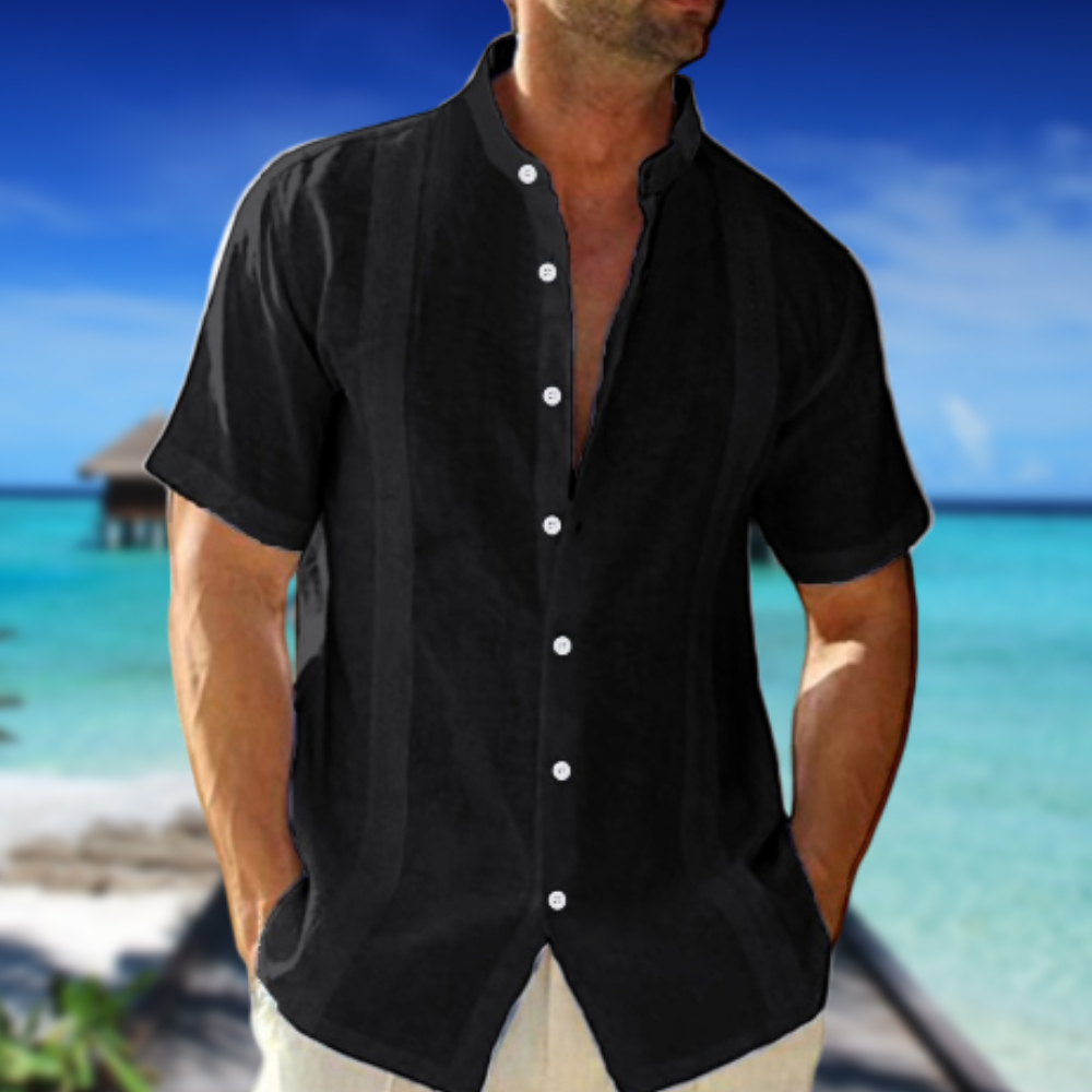 Olivoslindo Nueva camisa informal de manga corta con cuello alto para hombre de algodón y lino