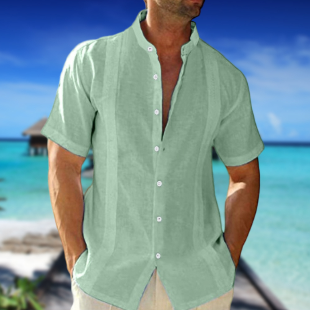 Olivoslindo Nueva camisa informal de manga corta con cuello alto para hombre de algodón y lino