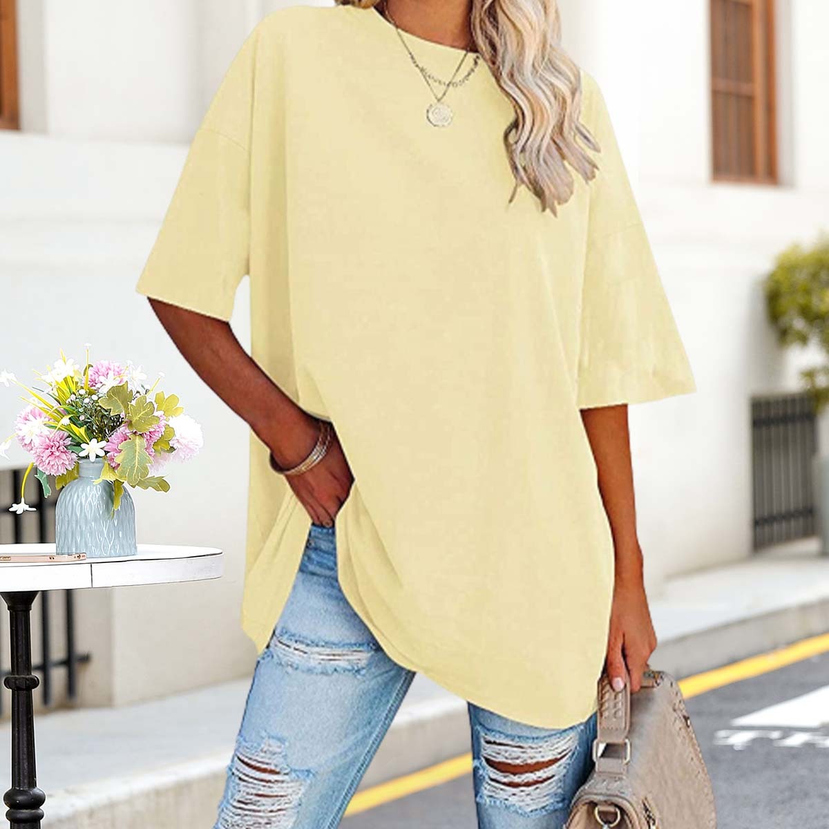 Olivoslindo Sommer Casual Damen Einfarbig Tropfen Schulter Ärmel Rundhals Lose T-Shirt