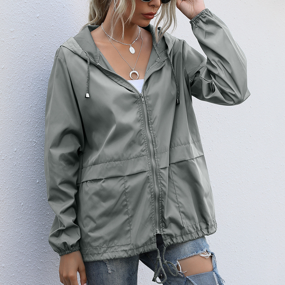 Olivoslindo Chaqueta con capucha impermeable con cremallera para exteriores de moda de otoño para mujer
