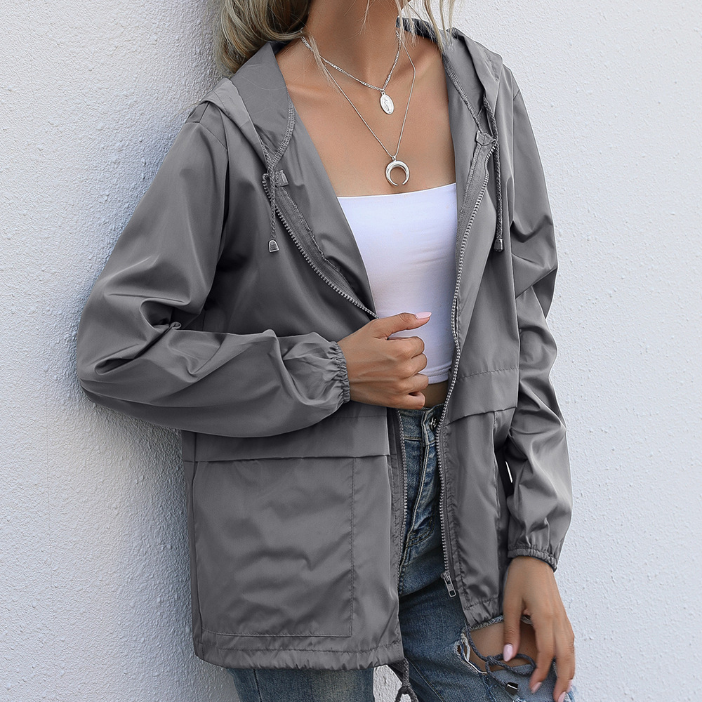Olivoslindo Chaqueta con capucha impermeable con cremallera para exteriores de moda de otoño para mujer