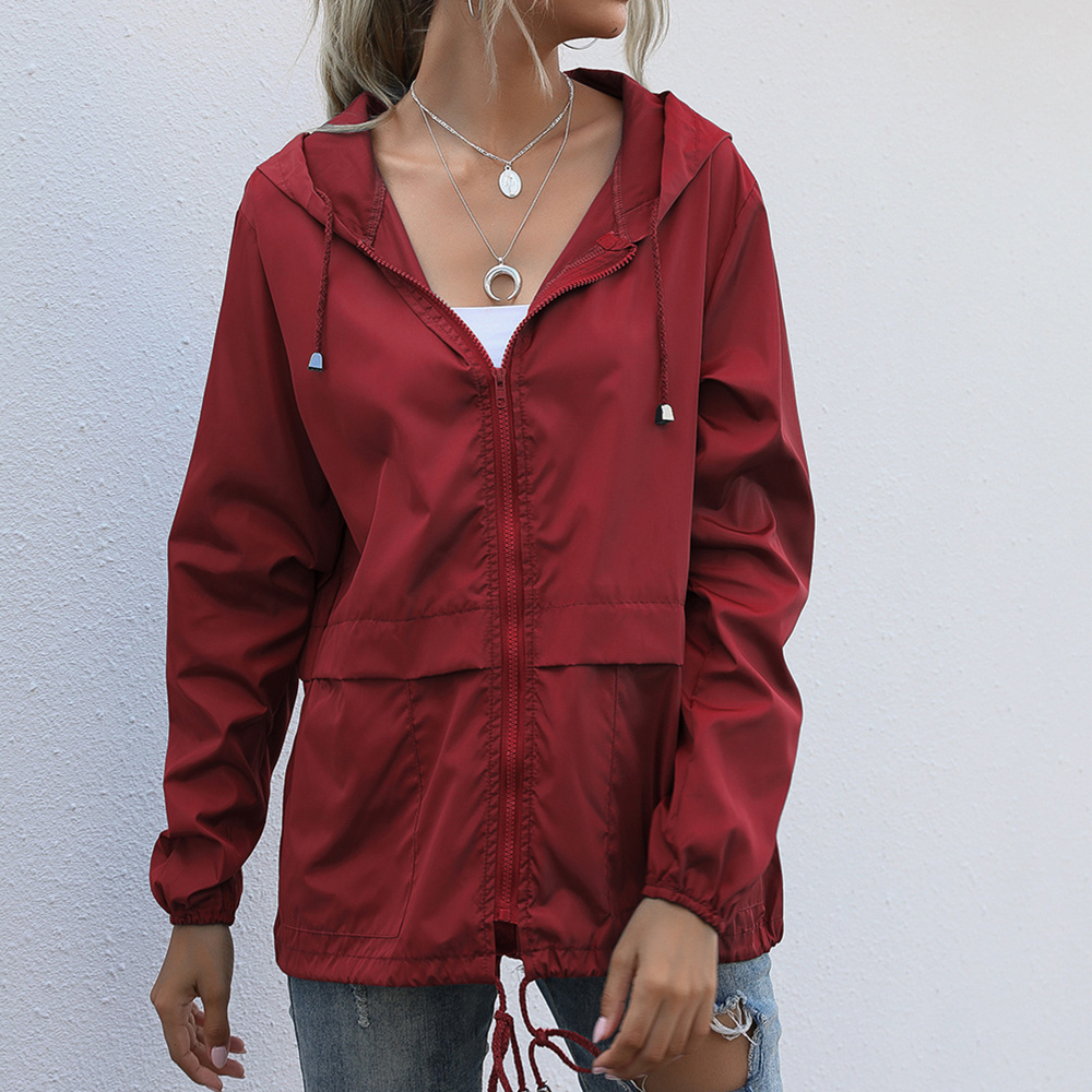 Olivoslindo Chaqueta con capucha impermeable con cremallera para exteriores de moda de otoño para mujer