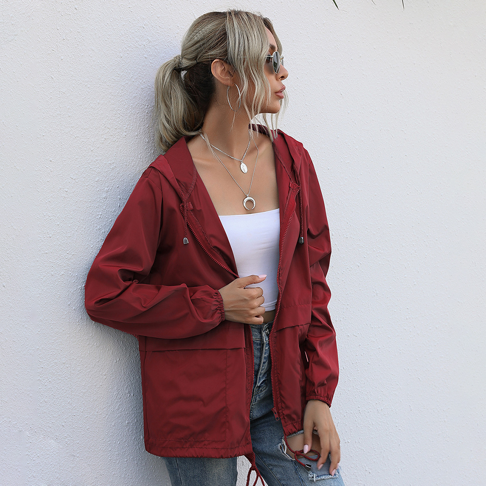 Olivoslindo Chaqueta con capucha impermeable con cremallera para exteriores de moda de otoño para mujer