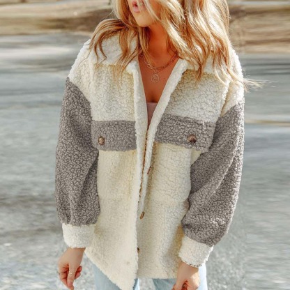 Olivoslindo Abrigo de piel suelto de manga larga informal de otoño e invierno para mujer con doble bolsillo y color a juego