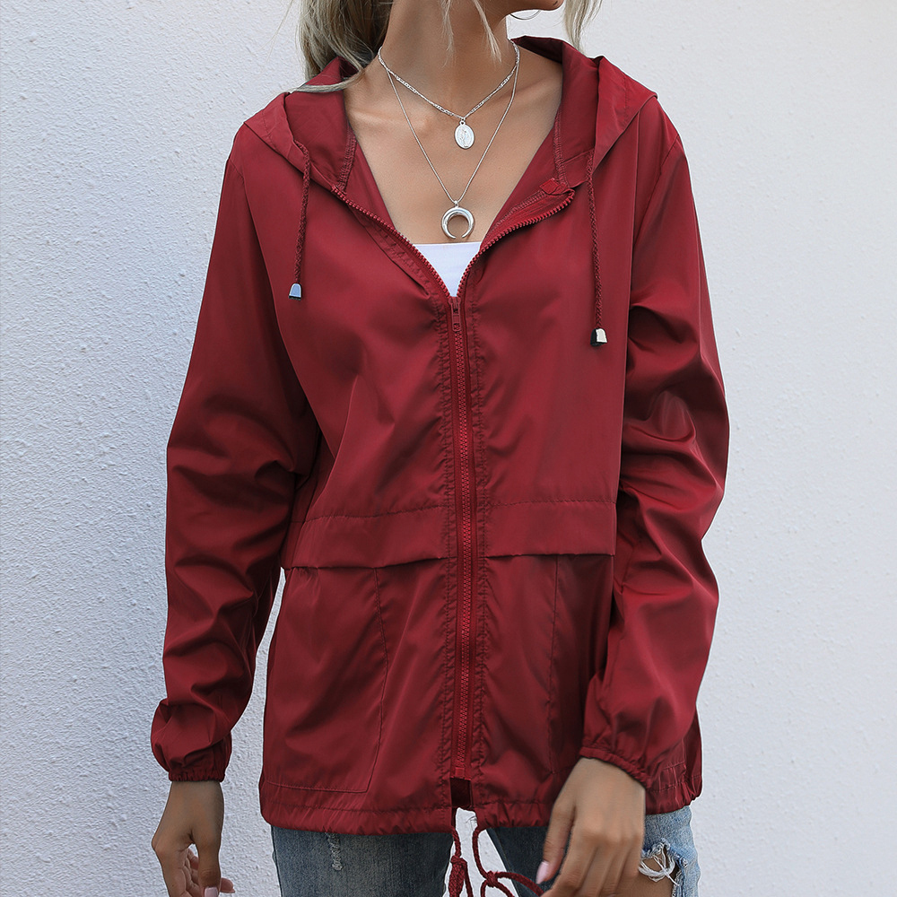 Olivoslindo Chaqueta con capucha impermeable con cremallera para exteriores de moda de otoño para mujer