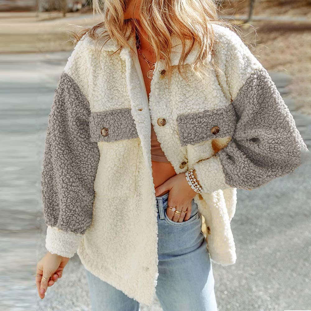 Olivoslindo Abrigo de piel suelto de manga larga informal de otoño e invierno para mujer con doble bolsillo y color a juego