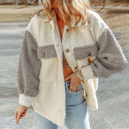 Olivoslindo Abrigo de piel suelto de manga larga informal de otoño e invierno para mujer con doble bolsillo y color a juego