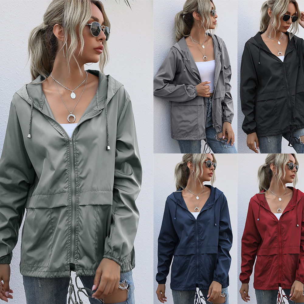 Olivoslindo Chaqueta con capucha impermeable con cremallera para exteriores de moda de otoño para mujer