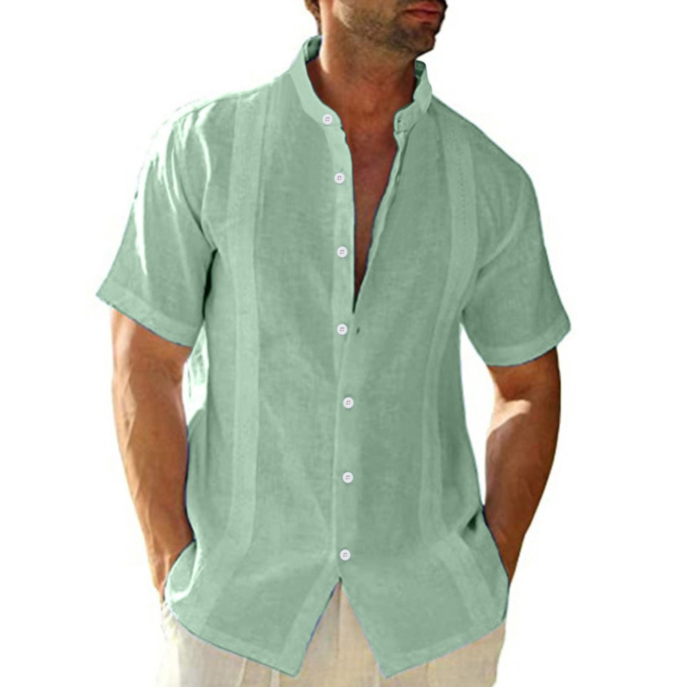 Olivoslindo Nueva camisa informal de manga corta con cuello alto para hombre de algodón y lino