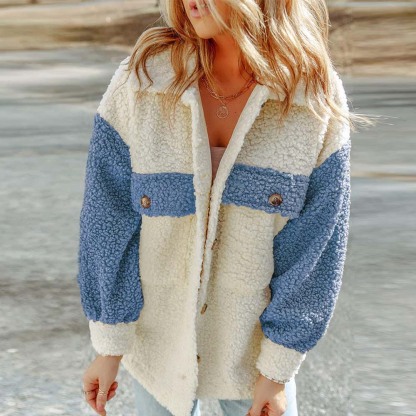 Olivoslindo Abrigo de piel suelto de manga larga informal de otoño e invierno para mujer con doble bolsillo y color a juego