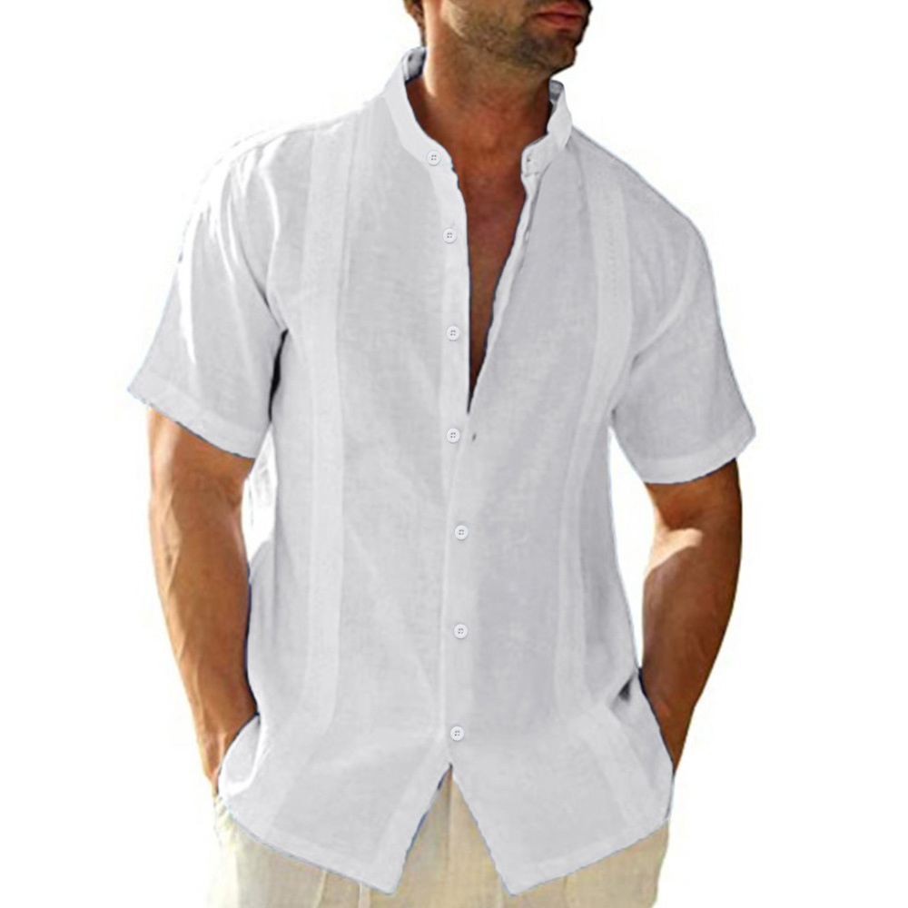 Nueva camisa informal de manga corta con cuello alto para hombre de algodón y lino