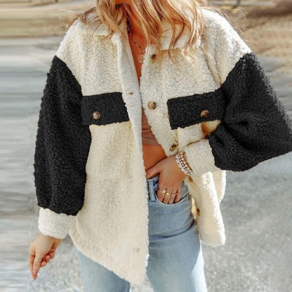 Olivoslindo Abrigo de piel suelto de manga larga informal de otoño e invierno para mujer con doble bolsillo y color a juego