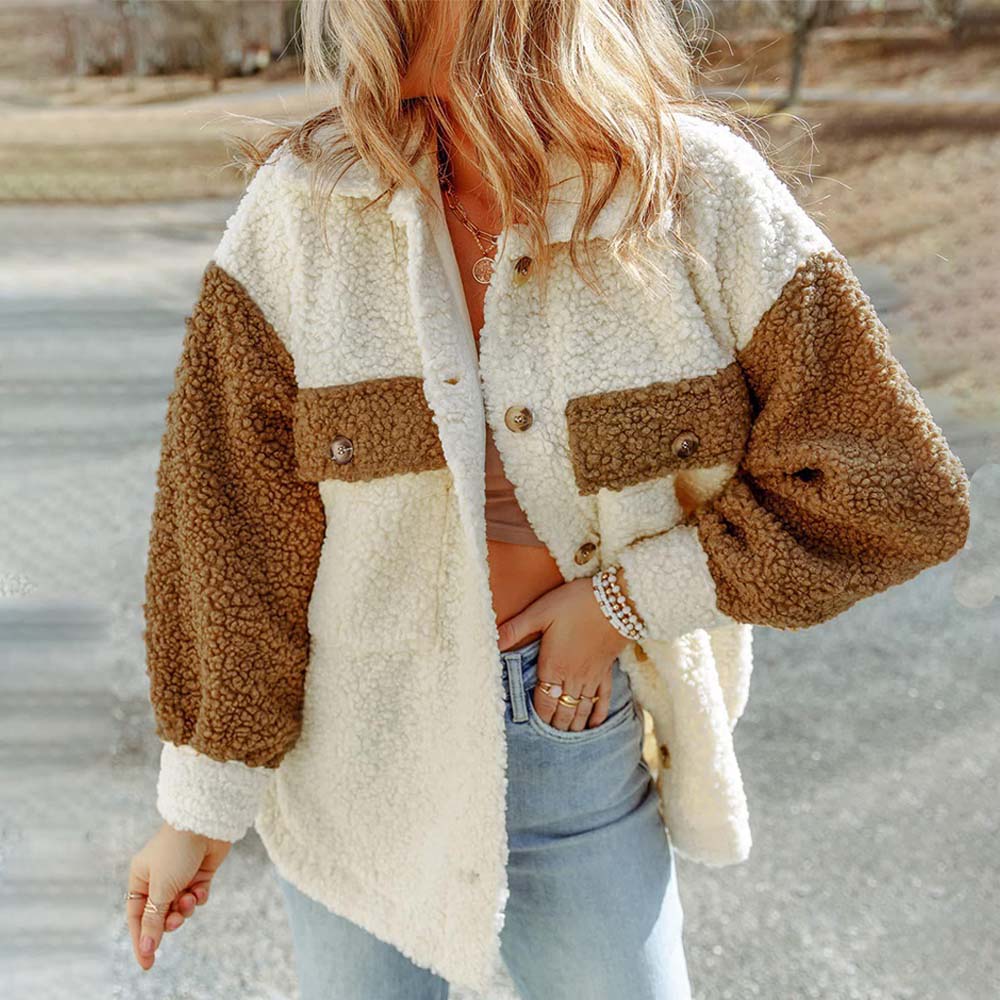 Olivoslindo Abrigo de piel suelto de manga larga informal de otoño e invierno para mujer con doble bolsillo y color a juego