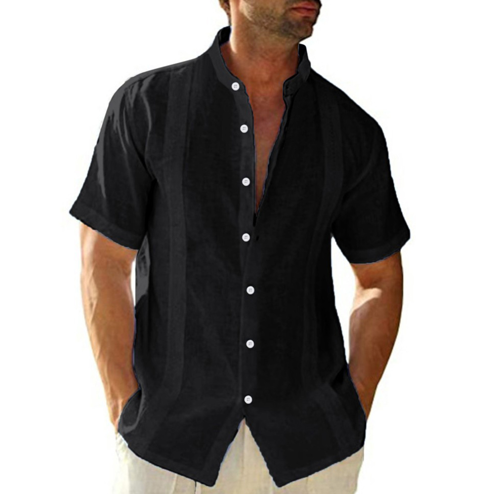 Olivoslindo Nueva camisa informal de manga corta con cuello alto para hombre de algodón y lino