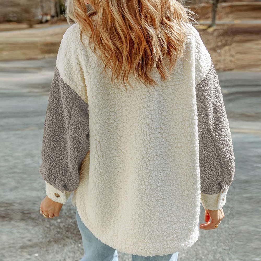 Olivoslindo Abrigo de piel suelto de manga larga informal de otoño e invierno para mujer con doble bolsillo y color a juego
