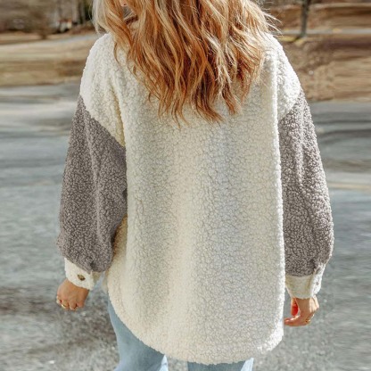 Olivoslindo Abrigo de piel suelto de manga larga informal de otoño e invierno para mujer con doble bolsillo y color a juego