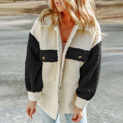 Olivoslindo Abrigo de piel suelto de manga larga informal de otoño e invierno para mujer con doble bolsillo y color a juego
