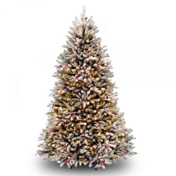 Christmas-7 1_2 ft fir hinged tree with snow red berries cones and 750 clear lights