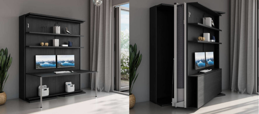 Cama plegable de oficina giratoria de madera oscura con monitores - Ampliar Muebles