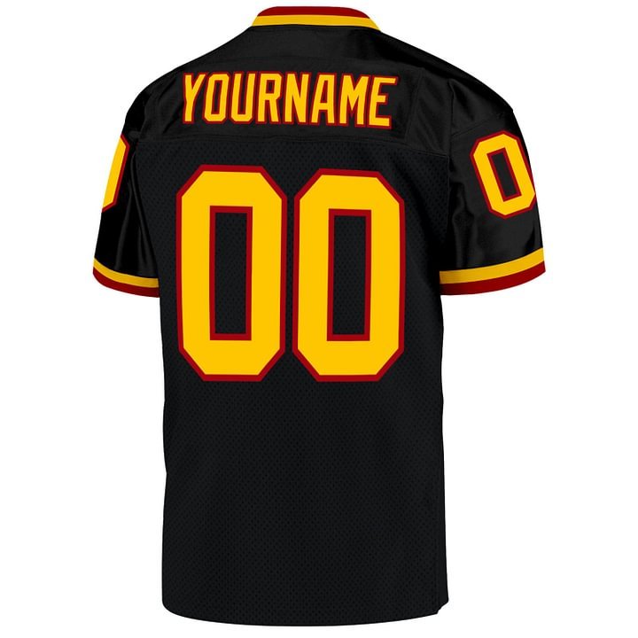 Custom Black Gold-Red MeshThrowback Football Jersey