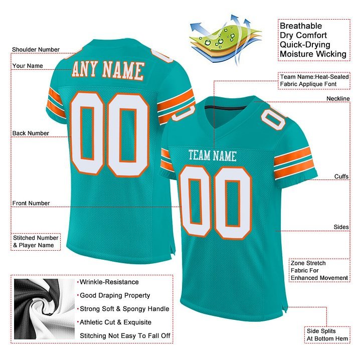 Custom Aqua White-Orange Mesh Football Jersey