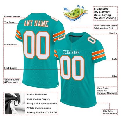 Custom Aqua White-Orange Mesh Football Jersey