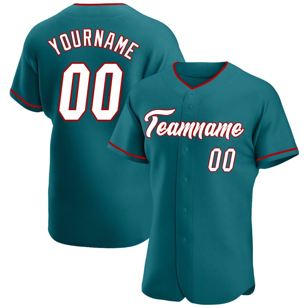 Custom Teal White-Red Baseball Jersey