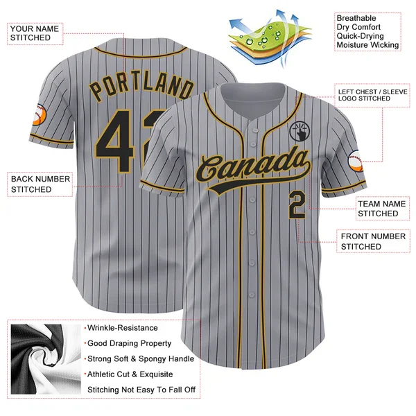 Custom Gray Black Pinstripe Black-Old Gold Baseball Jersey