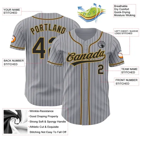 Custom Gray Black Pinstripe Black-Old Gold Baseball Jersey