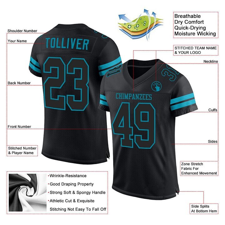 Custom Black Black-Teal MeshFootball Jersey