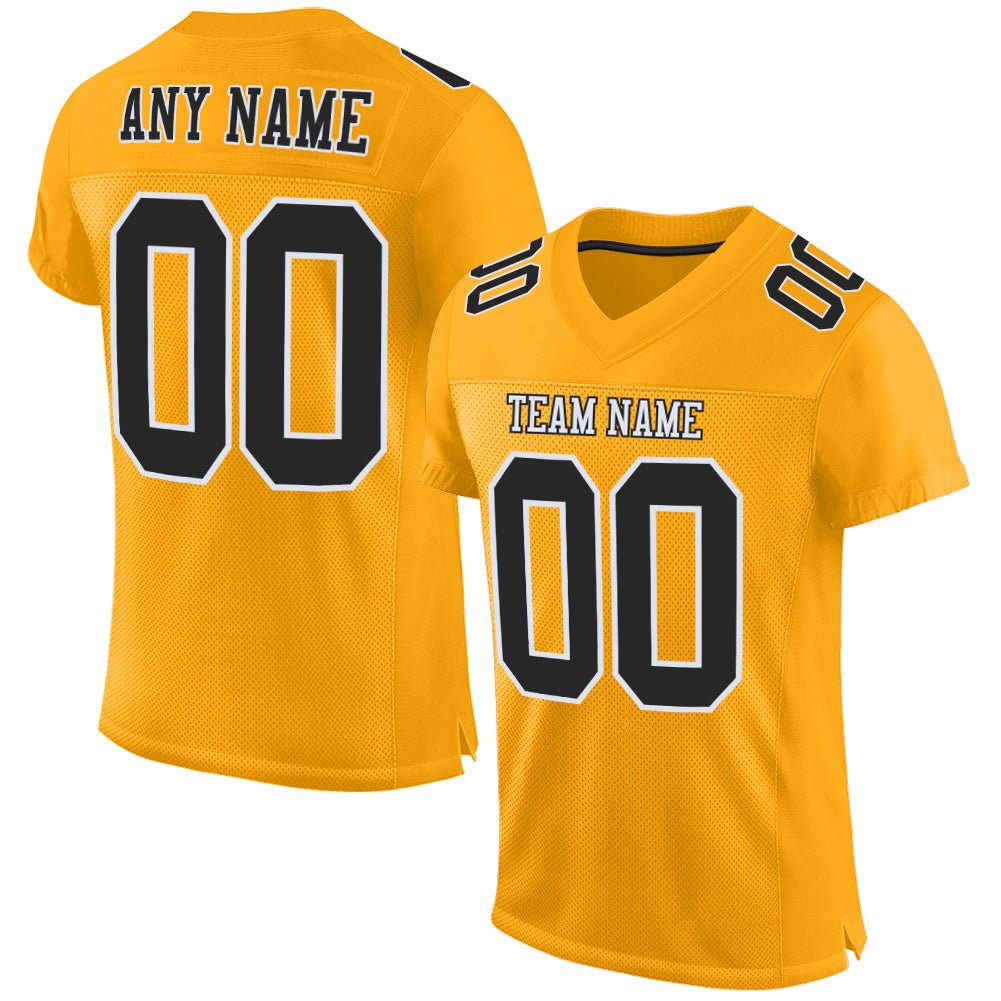 Custom Gold Black-White Mesh Football Jersey