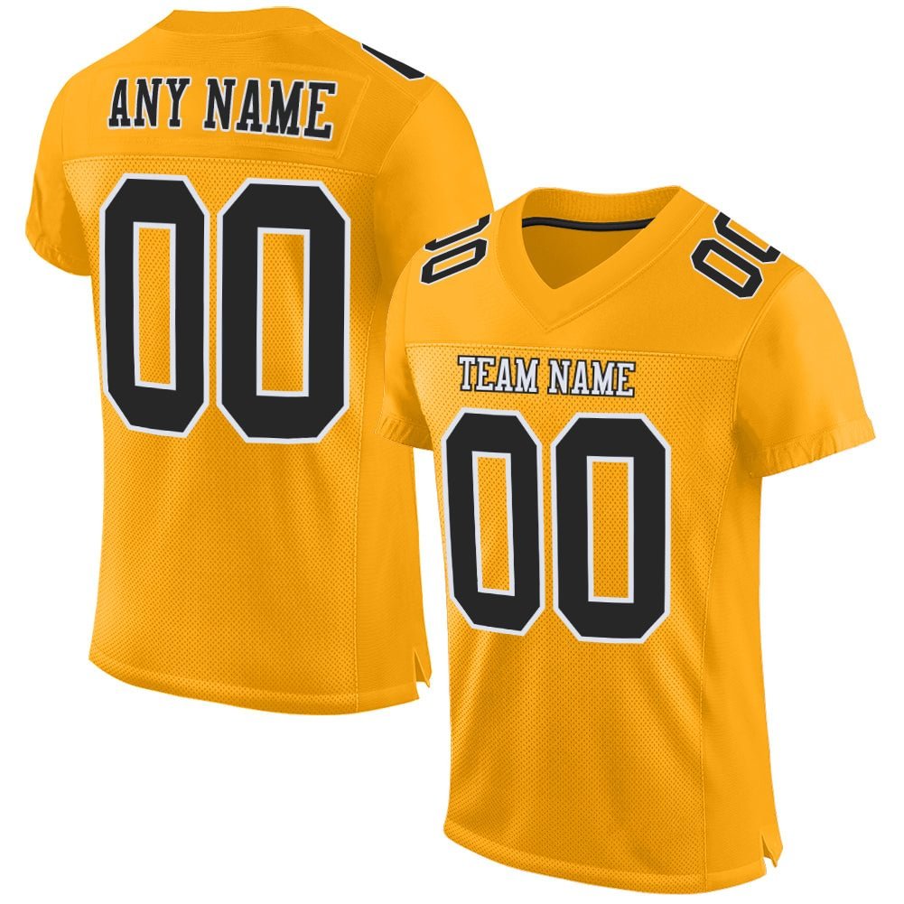 Custom Gold Black-White Mesh Football Jersey