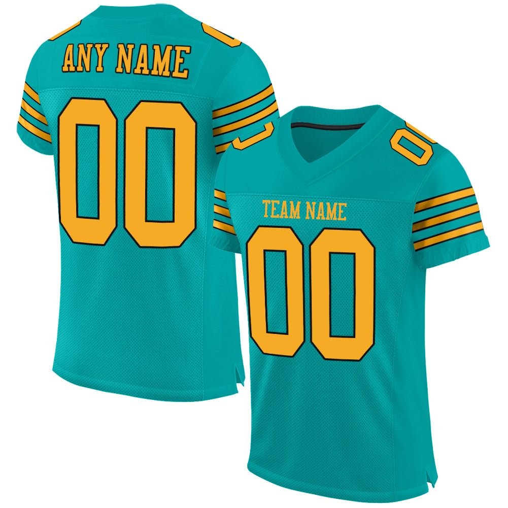 Custom Aqua Gold-Black Mesh Football Jersey