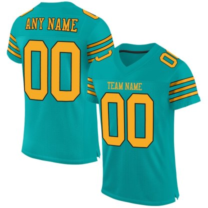 Custom Aqua Gold-Black Mesh Football Jersey