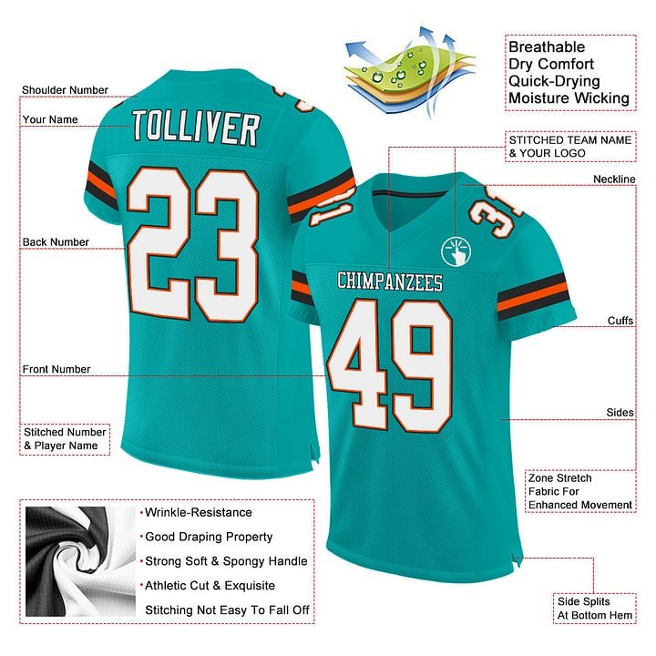 Custom Aqua White-Orange Mesh Football Jersey