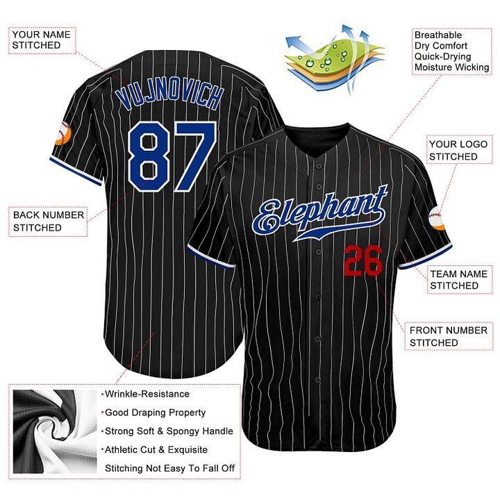 Custom Black White Pinstripe Royal-Red Baseball Jersey