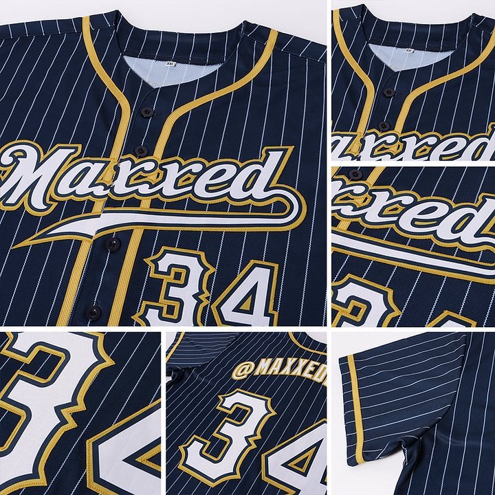 Custom Navy White Pinstripe White-Old Gold Baseball Jersey