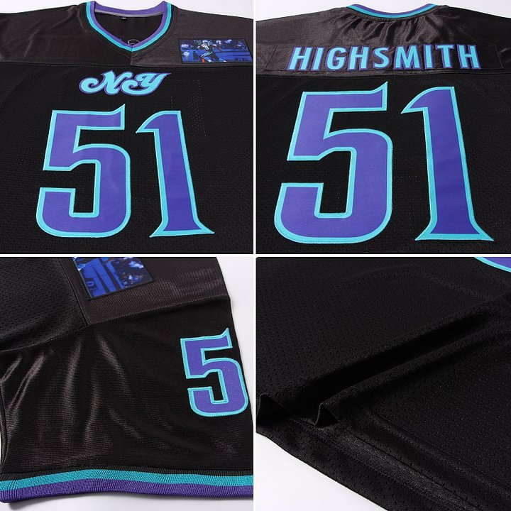Custom Black Purple-Aqua Mesh Throwback Football Jersey