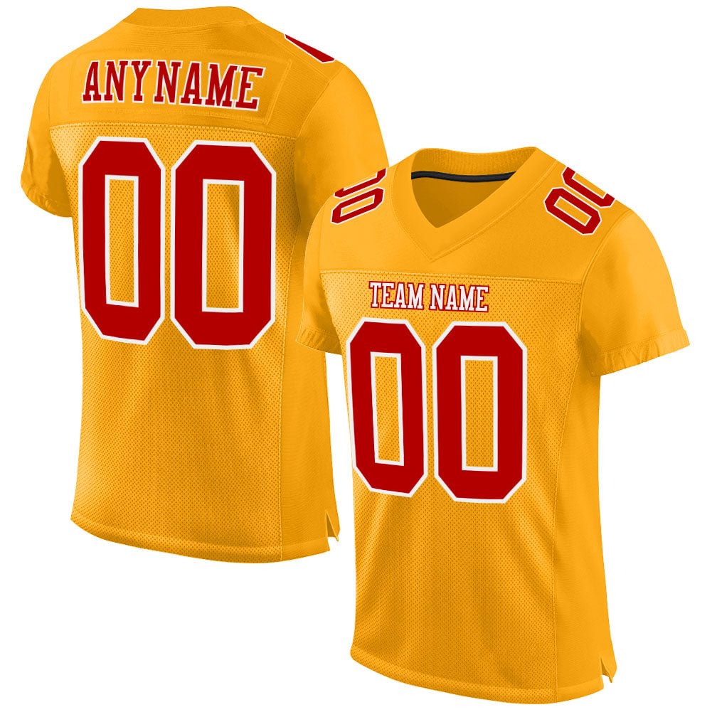 Custom Gold Red-White Mesh Football Jersey