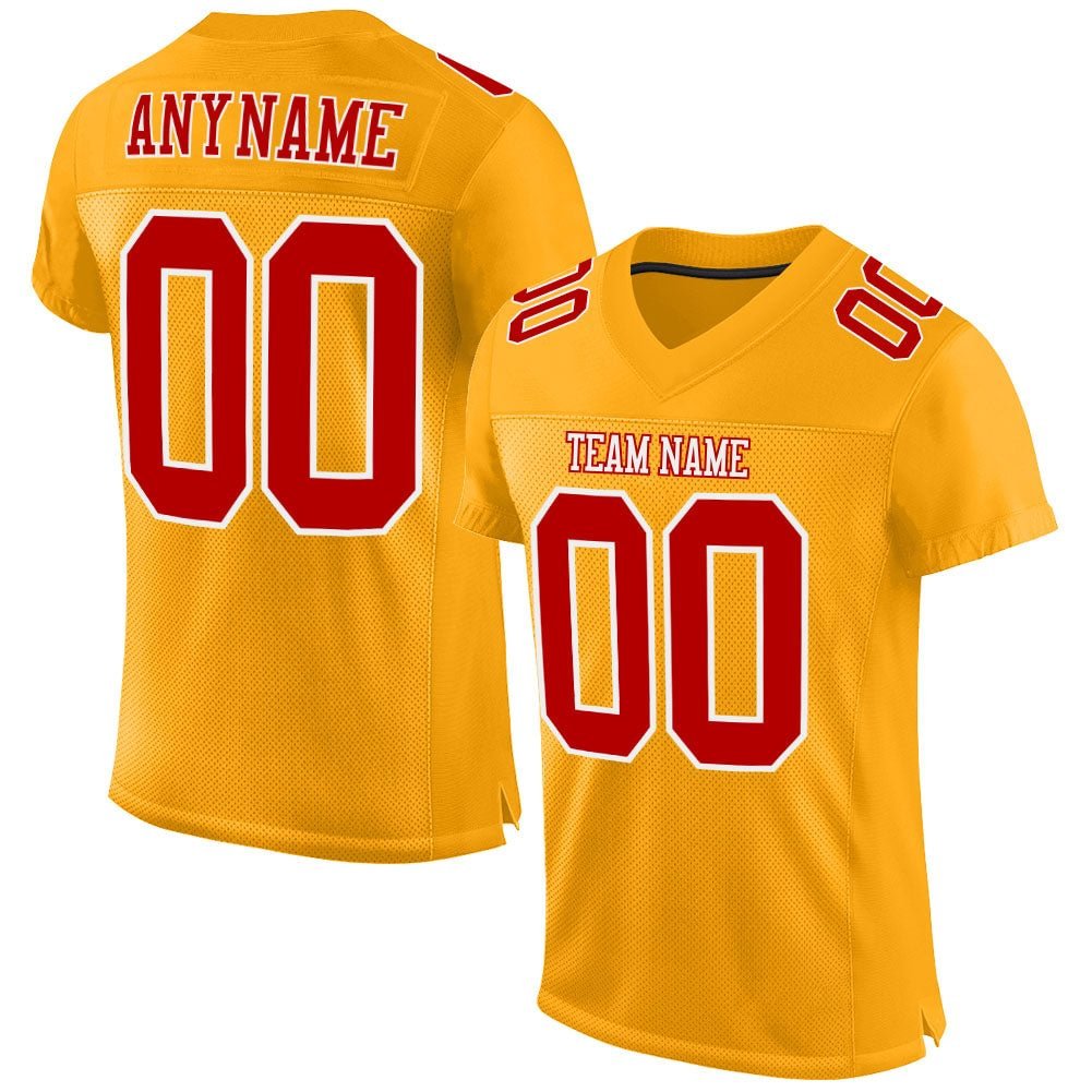 Custom Gold Red-White Mesh Football Jersey